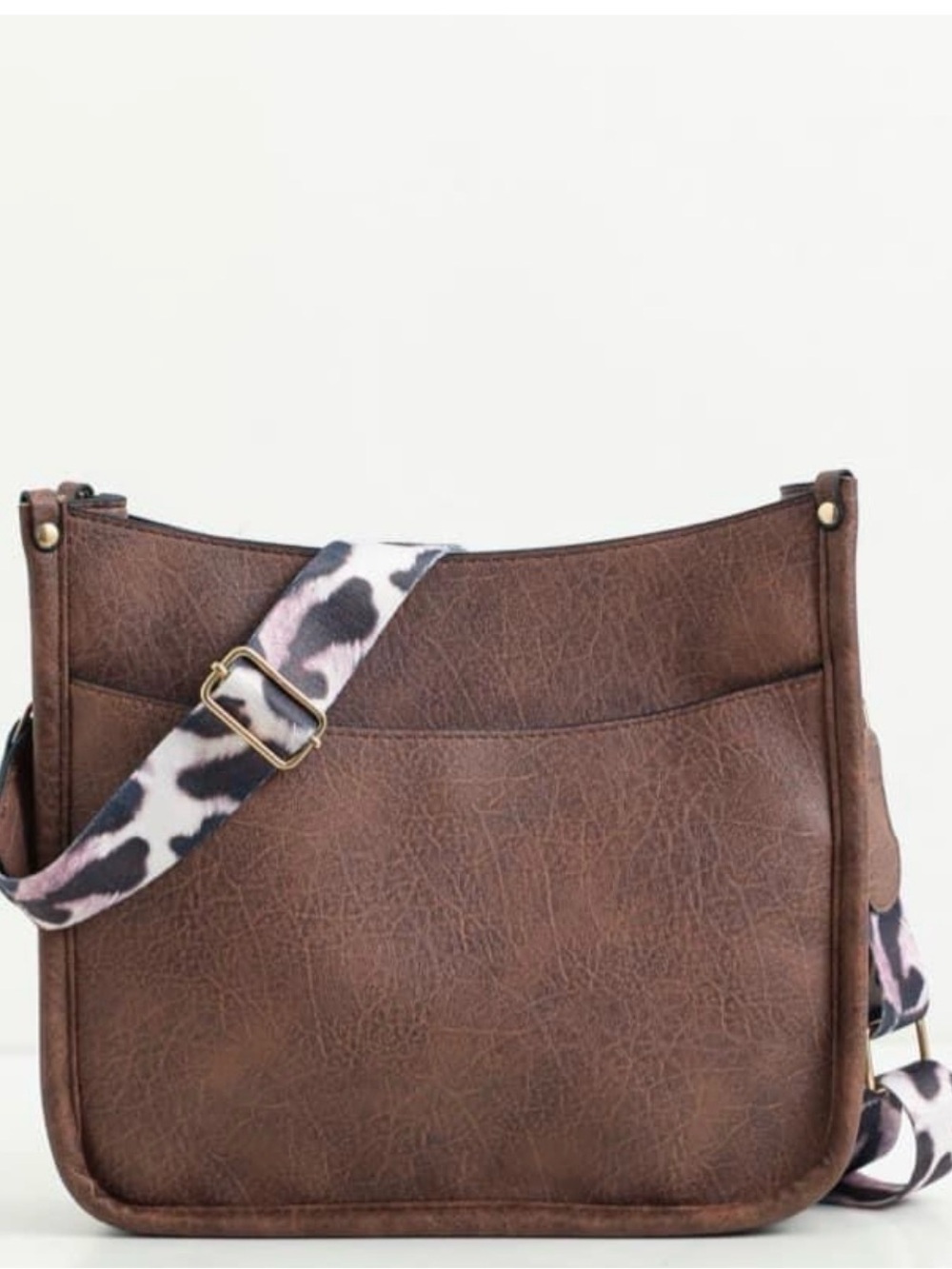Classic Brown Crossbody Bag with Patterned Adjustable Strap